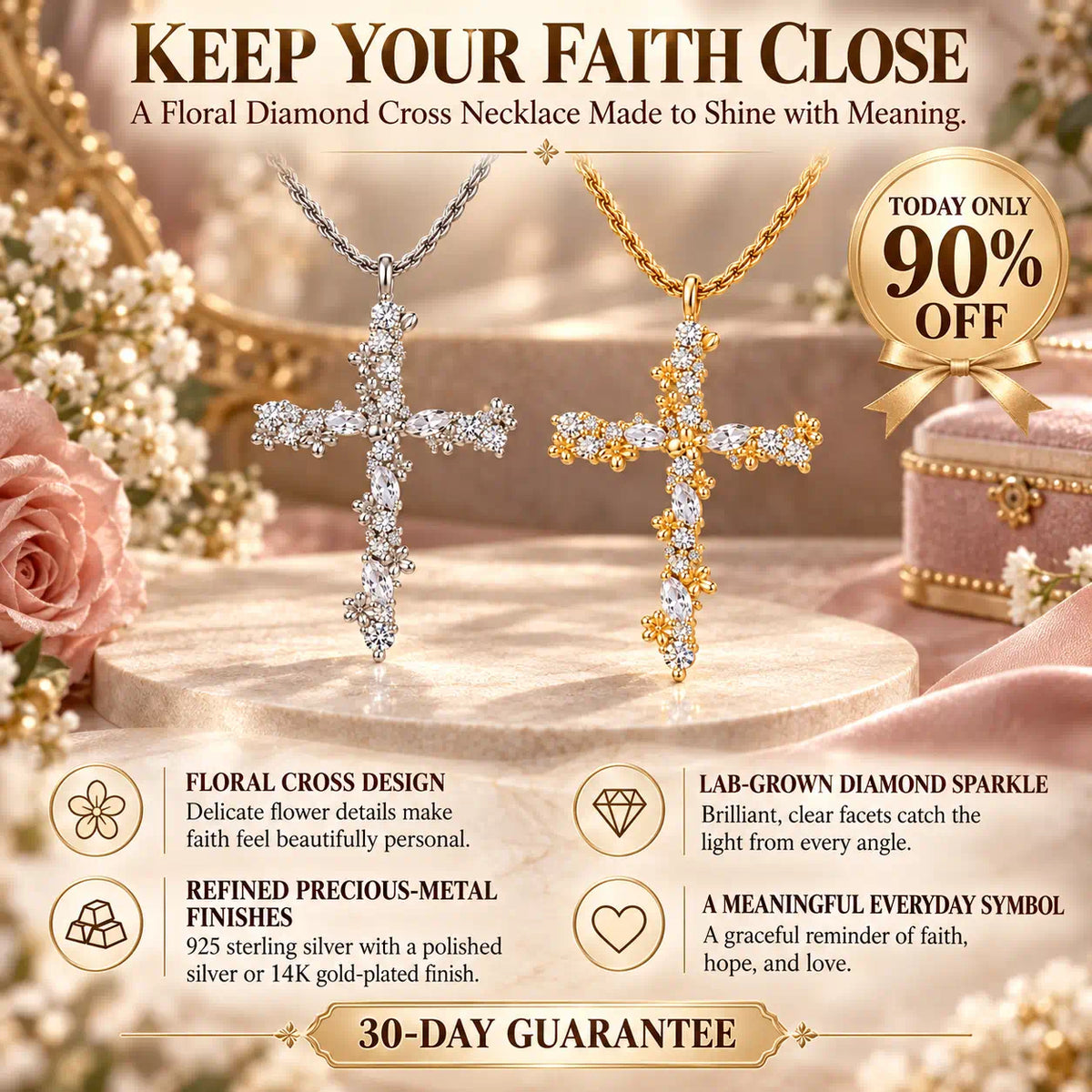 Keep Your Faith Close with a Floral Lab-Grown Diamond Cross Necklace -Last Day Sale-90% OFF🔥