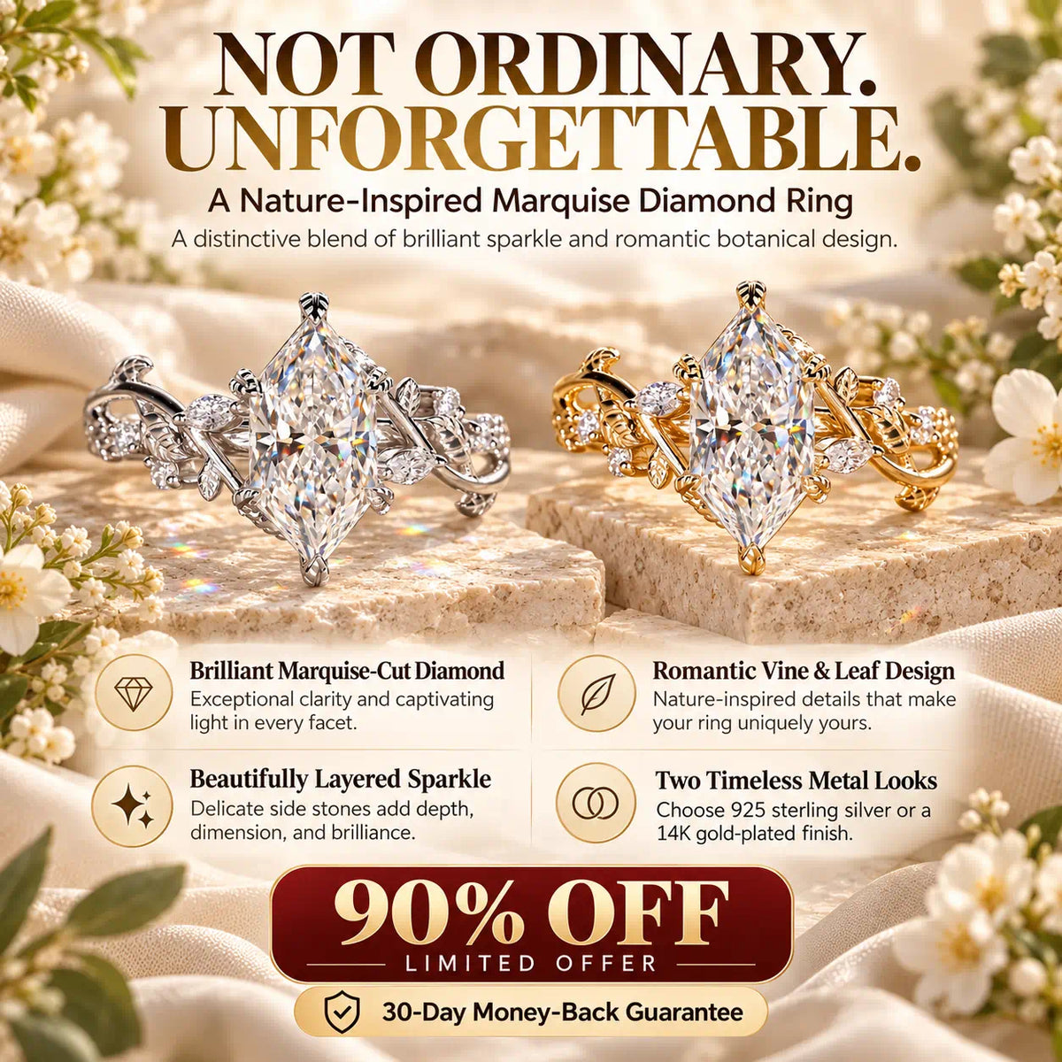 A Nature-Inspired Marquise Lab-Grown Diamond Ring with Romantic Vine & Leaf Details-Last Day Sale-90% OFF🔥